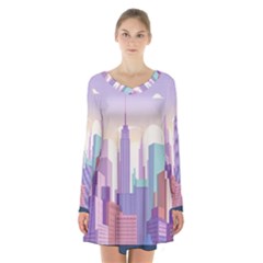 New York Skyline Cityscape Nyc New York City Long Sleeve Velvet V-neck Dress