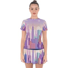 New York Skyline Cityscape Nyc New York City Drop Hem Mini Chiffon Dress