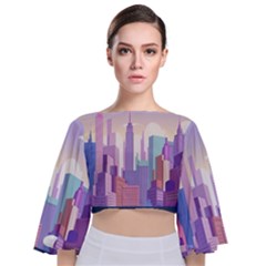 New York Skyline Cityscape Nyc New York City Tie Back Butterfly Sleeve Chiffon Top