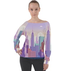 New York Skyline Cityscape Nyc New York City Off Shoulder Long Sleeve Velour Top