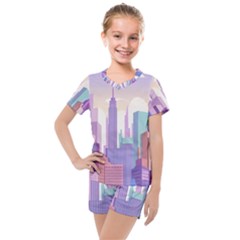 New York Skyline Cityscape Nyc New York City Kids  Mesh Tee And Shorts Set