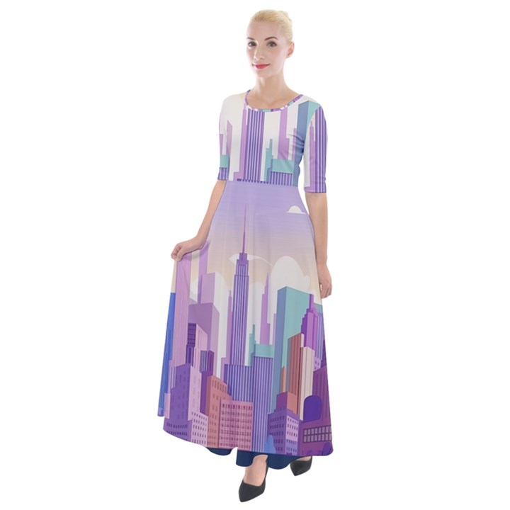 New York Skyline Cityscape Nyc New York City Half Sleeves Maxi Dress