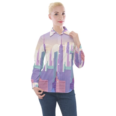 New York Skyline Cityscape Nyc New York City Women s Long Sleeve Pocket Shirt by Jancukart