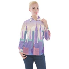 New York Skyline Cityscape Nyc New York City Women s Long Sleeve Pocket Shirt