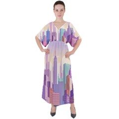 New York Skyline Cityscape Nyc New York City V-Neck Boho Style Maxi Dress