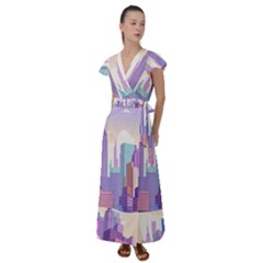 New York Skyline Cityscape Nyc New York City Flutter Sleeve Maxi Dress