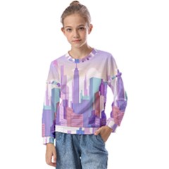 New York Skyline Cityscape Nyc New York City Kids  Long Sleeve Tee with Frill 