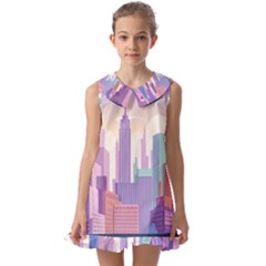 New York Skyline Cityscape Nyc New York City Kids  Pilgrim Collar Ruffle Hem Dress