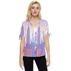 New York Skyline Cityscape Nyc New York City Bow Sleeve Button Up Top