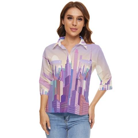 New York Skyline Cityscape Nyc New York City Women s Quarter Sleeve Pocket Shirt by Jancukart