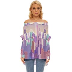 New York Skyline Cityscape Nyc New York City Off Shoulder Chiffon Pocket Shirt