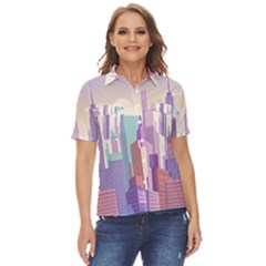 New York Skyline Cityscape Nyc New York City Women s Short Sleeve Double Pocket Shirt