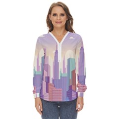 New York Skyline Cityscape Nyc New York City Zip Up Long Sleeve Blouse