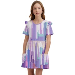 New York Skyline Cityscape Nyc New York City Kids  Frilly Sleeves Pocket Dress