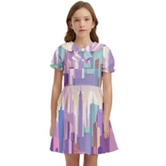 New York Skyline Cityscape Nyc New York City Kids  Bow Tie Puff Sleeve Dress