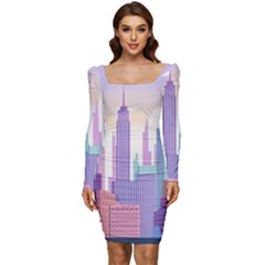 New York Skyline Cityscape Nyc New York City Women Long Sleeve Ruched Stretch Jersey Dress