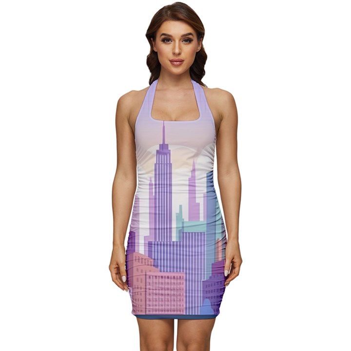 New York Skyline Cityscape Nyc New York City Sleeveless Wide Square Neckline Ruched Bodycon Dress