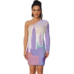 New York Skyline Cityscape Nyc New York City Long Sleeve One Shoulder Mini Dress