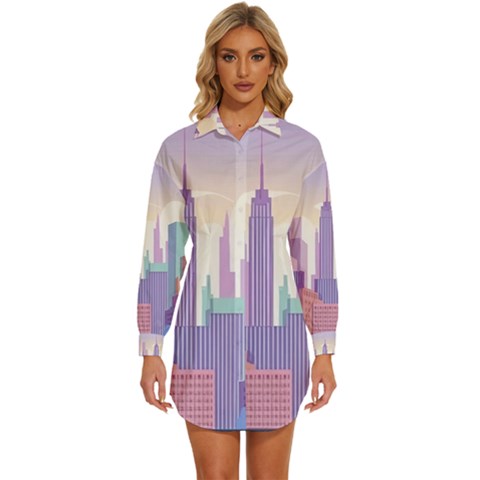 New York Skyline Cityscape Nyc New York City Womens Long Sleeve Shirt Dress by Jancukart