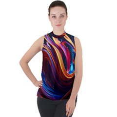 Waves Splash Liquid Paint Wall Mock Neck Chiffon Sleeveless Top