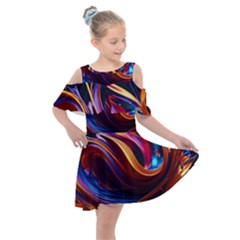 Waves Splash Liquid Paint Wall Kids  Shoulder Cutout Chiffon Dress by Jancukart