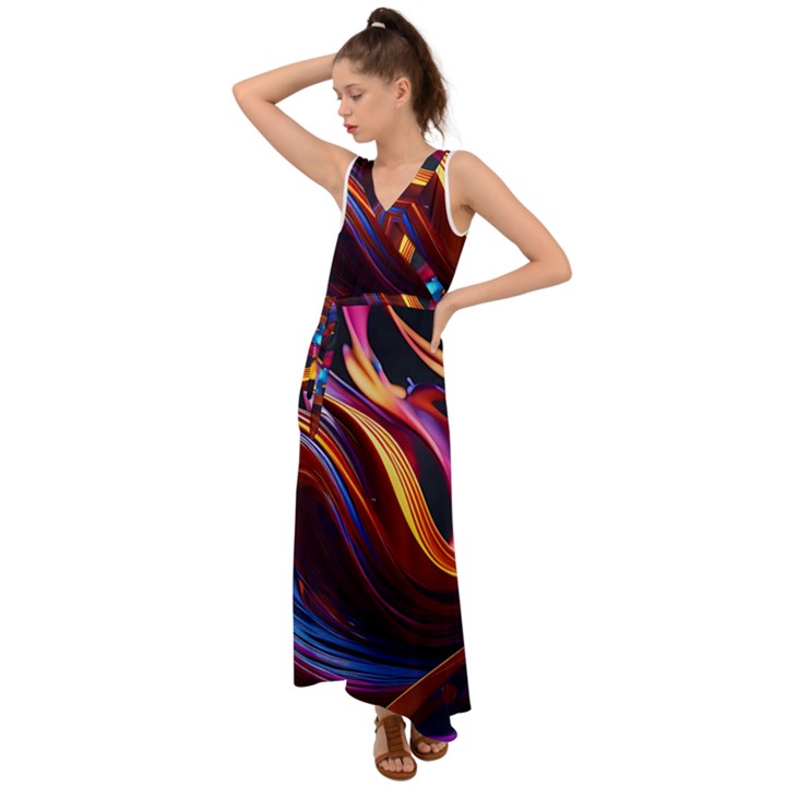 Waves Splash Liquid Paint Wall V-Neck Chiffon Maxi Dress