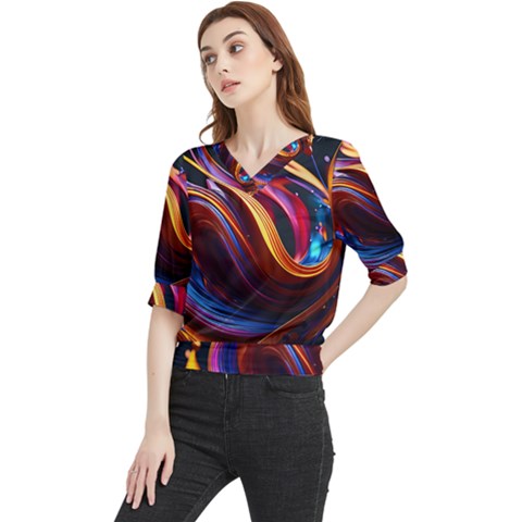 Waves Splash Liquid Paint Wall Quarter Sleeve Blouse by Jancukart