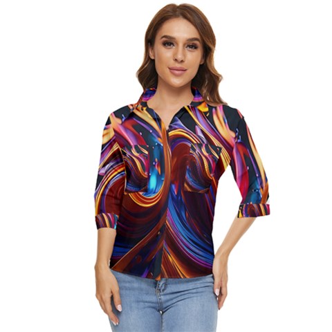 Waves Splash Liquid Paint Wall Women s Quarter Sleeve Pocket Shirt by Jancukart