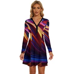 Waves Splash Liquid Paint Wall Long Sleeve Deep V Mini Dress  by Jancukart