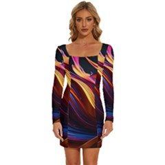 Waves Splash Liquid Paint Wall Long Sleeve Square Neck Bodycon Velvet Dress