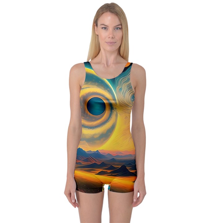 Surrealist Fantasy Dream Moon Space One Piece Boyleg Swimsuit