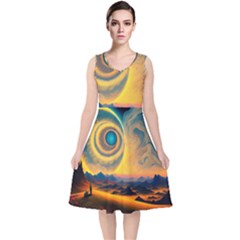 Surrealist Fantasy Dream Moon Space V-neck Midi Sleeveless Dress 