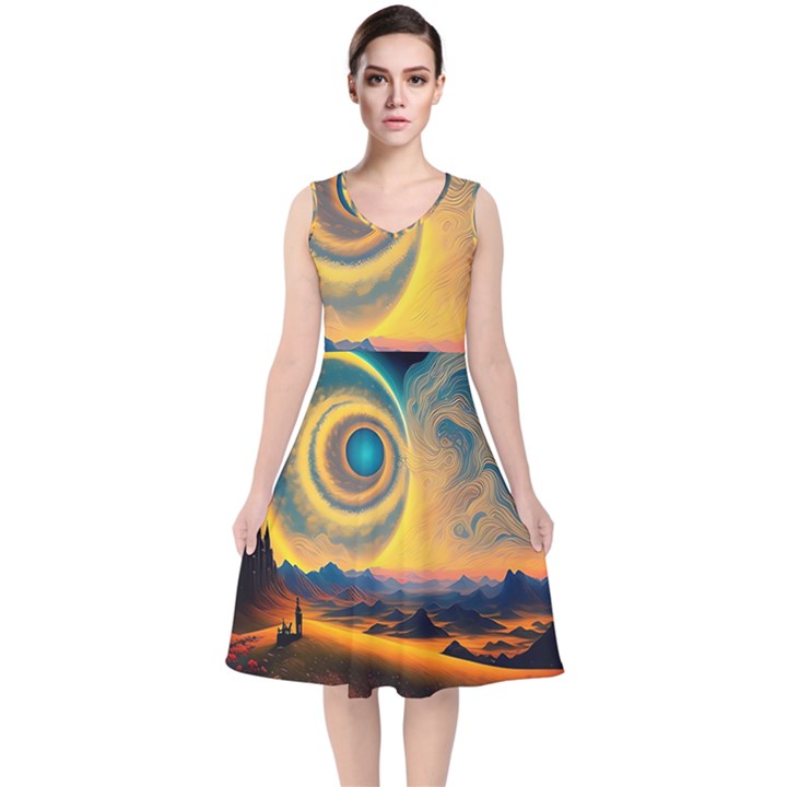 Surrealist Fantasy Dream Moon Space V-Neck Midi Sleeveless Dress 