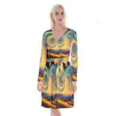 Surrealist Fantasy Dream Moon Space Long Sleeve Velvet Front Wrap Dress by Jancukart