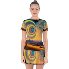 Surrealist Fantasy Dream Moon Space Drop Hem Mini Chiffon Dress