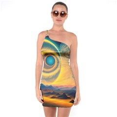 Surrealist Fantasy Dream Moon Space One Shoulder Ring Trim Bodycon Dress