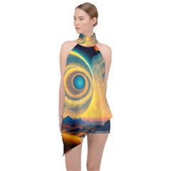 Surrealist Fantasy Dream Moon Space Halter Asymmetric Satin Top