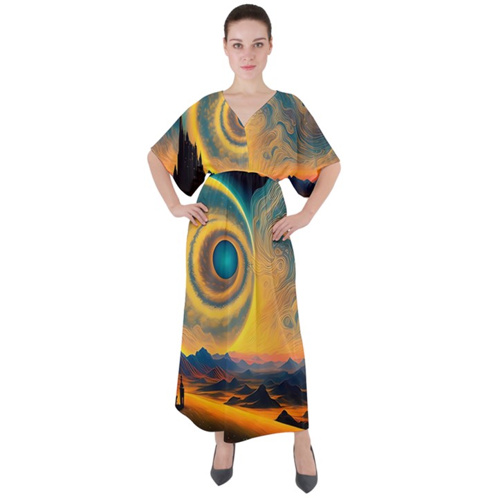 Surrealist Fantasy Dream Moon Space V-Neck Boho Style Maxi Dress