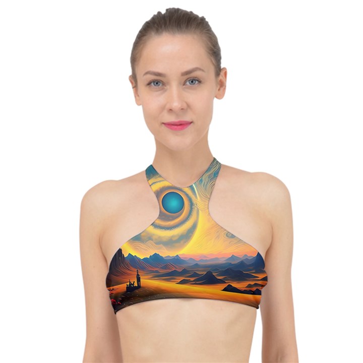 Surrealist Fantasy Dream Moon Space High Neck Bikini Top