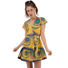 Surrealist Fantasy Dream Moon Space Flutter Sleeve Wrap Dress