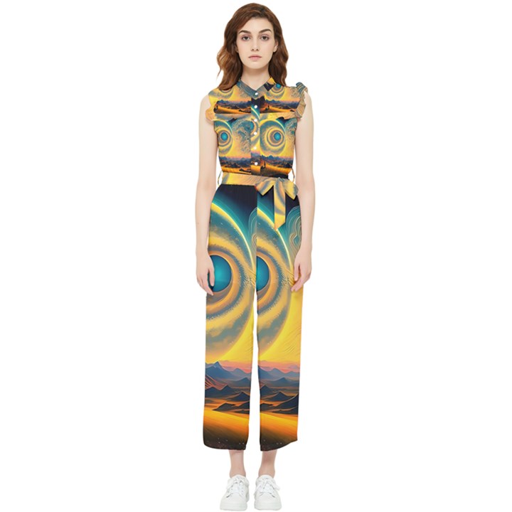 Surrealist Fantasy Dream Moon Space Women s Frill Top Chiffon Jumpsuit