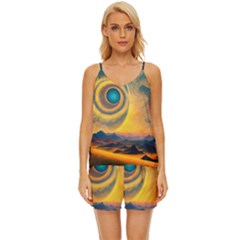 Surrealist Fantasy Dream Moon Space V-neck Satin Pajamas Set