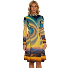 Surrealist Fantasy Dream Moon Space Long Sleeve Shirt Collar A-line Dress