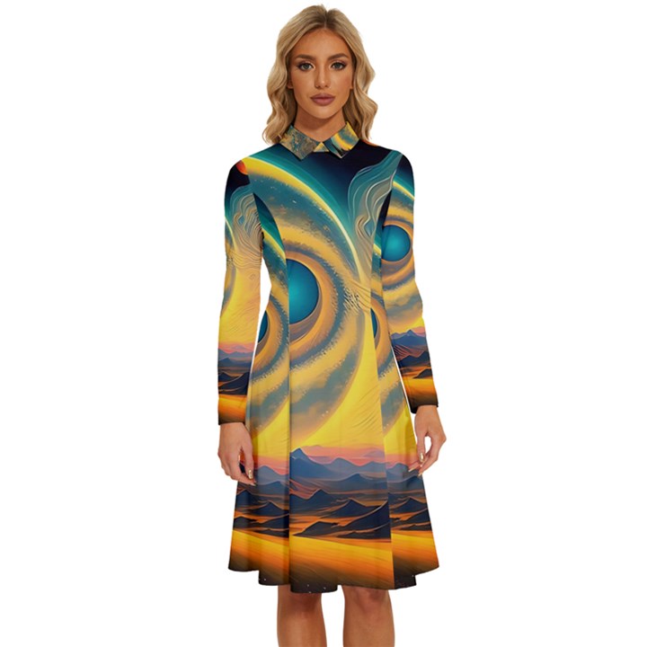 Surrealist Fantasy Dream Moon Space Long Sleeve Shirt Collar A-Line Dress