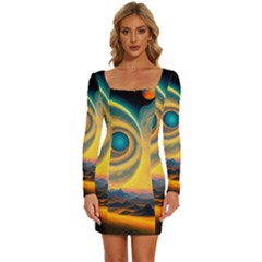 Surrealist Fantasy Dream Moon Space Long Sleeve Square Neck Bodycon Velvet Dress by Jancukart