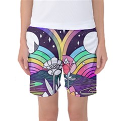 Rainbow Fun Cute Minimal Doodle Drawing Art Women s Basketball Shorts