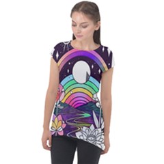 Rainbow Fun Cute Minimal Doodle Drawing Art Cap Sleeve High Low Top