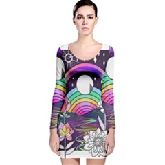 Rainbow Fun Cute Minimal Doodle Drawing Art Long Sleeve Velvet Bodycon Dress