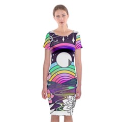 Rainbow Fun Cute Minimal Doodle Drawing Art Classic Short Sleeve Midi Dress