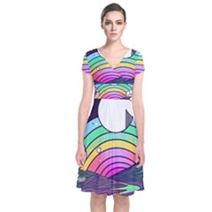 Rainbow Fun Cute Minimal Doodle Drawing Art Short Sleeve Front Wrap Dress